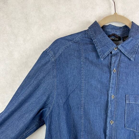Kenneth Cole Blue Denim Fringed Long Sleeve Casual Shirt - Picture 3 of 7